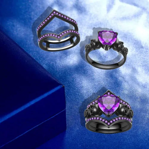 Vista 3 de Juego de anillos de compromiso góticos con diseño de calavera y rosa negra con forma de corazón, cristal de circón en forma de corazón, boda