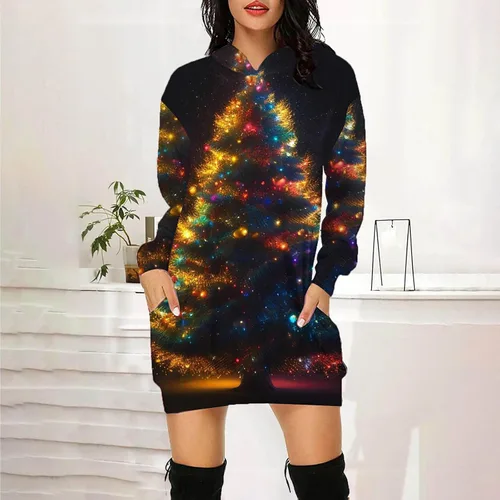 Vista 2 de Fashion Christmas Dress for Women Glitter Christmas Tree Graphic Hoodies Dress Regular Fit Long Sleeve Sweatshirt Dress
