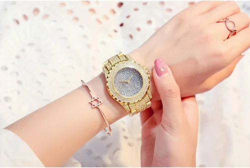Vista 5 de Reloj de lujo para mujer Bling Bling de moda, joyería de cristal con diamantes de imitación, relojes para mujer con correa de acero, esfera redonda