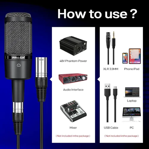 Vista 5 de Micrófono de condensador XLR, micrófono profesional de grabación de estudio para computadora PC, kit de micrófono cardioide para podcast con brazo