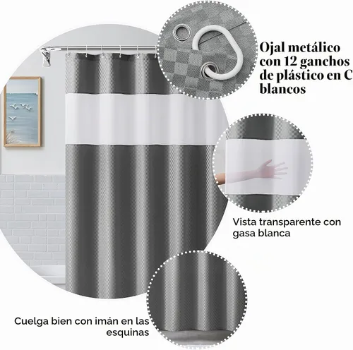 Vista 6 de Juego de curatina de ducha de tela de cubo mágico gris con ganchos, 70 x 72 Costuras grises