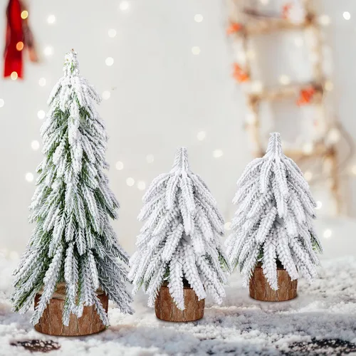 Vista 6 de 3 árboles de Navidad de mesa de nieve, 2 tamaños, mini pinos de mesa con base de madera, árboles de Navidad artificiales de escritorio para Navidad