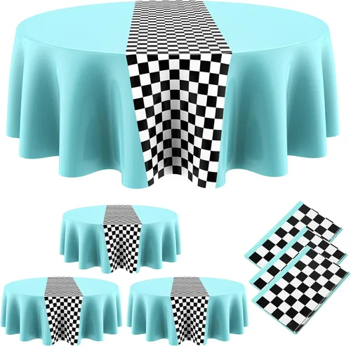Vista 19 de Oudain 3 piezas de suministros para fiesta de cumpleaños de autos, decoraciones para fiestas de carreras, mantel redondo de carreras con bandera a