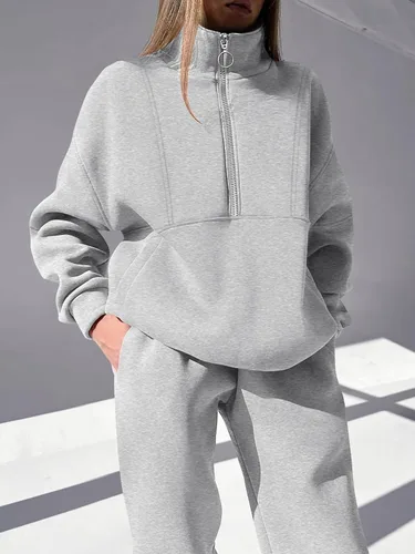 Vista 5 de ANRABESS Conjunto de 2 piezas para mujer, sudadera de gran tamaño con media cremallera a juego, pantalón de pierna ancha, conjunto de ropa