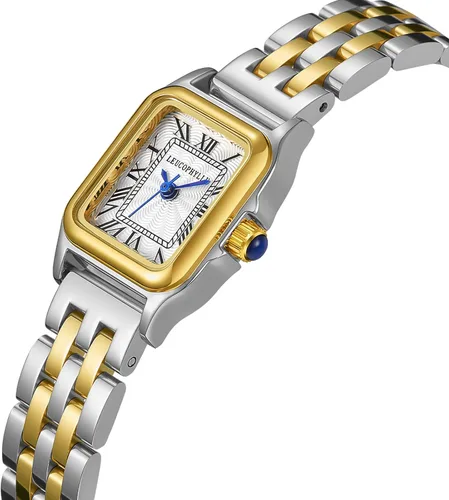 Vista 2 de Relojes pequeños de oro para mujer con funda rectangular vintage, esfera romana clásica, banda de acero inoxidable resistente al agua con cadena