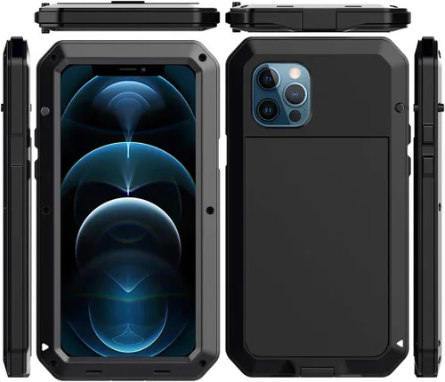 Vista 2 de Funda protectora de cuerpo completo para iPhone 12, resistente a los golpes, funda de metal de aleación de aluminio con protector de pantalla Negro
