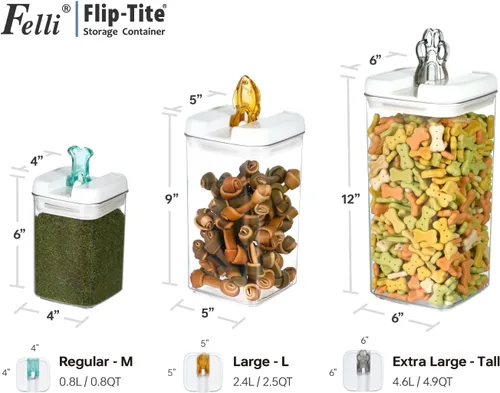 Vista 3 de Felli Flip Tite Contenedor de comida para mascotas con tapas herméticas, recipiente acrílico libre de BPA con asas de hueso de pata de pescado
