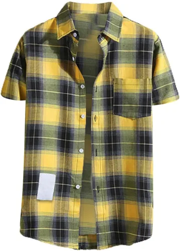 Vista 18 de Camisas de manga corta con botones para hombre, de algodón, a cuadros, ajuste regular, camisas casuales con botones y bolsillo