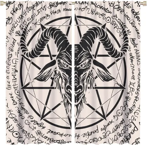 Vista 20 de BAEKJIN Cortinas de cabeza de cabra, diseño de calavera malvada, bruja, símbolo misterioso, bolsillo para barra, cortinas opacas para ventana, juego