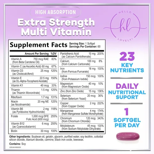 Vista 2 de Multivitamínico para mujer – Multivitaminas diarias completas para mujer con biotina, calcio, ácido fólico, hierro, zinc, vitamina A, C, D, E y B