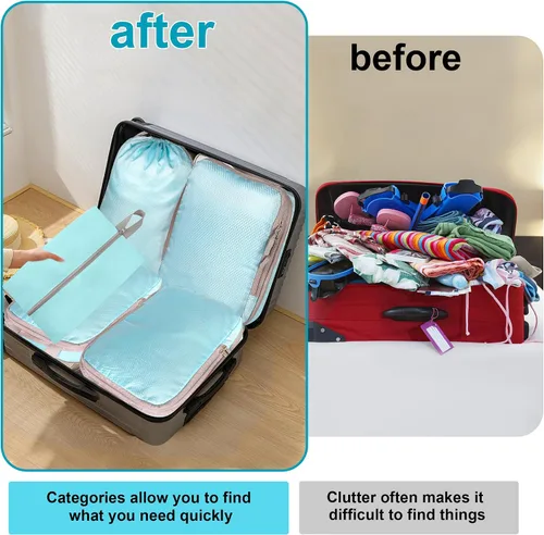 Vista 3 de Juego de 6 cubos de compresión para maletas, organizador de maletas de viaje expandibles, juego con bolsa para zapatos, organizadores ligeros