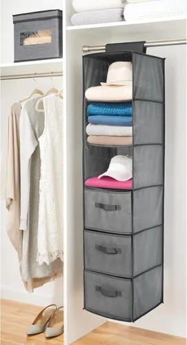 Vista 4 de mDesign Organizador de almacenamiento largo y suave para colgar sobre el armario, con 3 estantes y 3 cajones para ropa, leggings, lencería