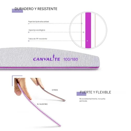 Vista 3 de Canvalite 10 limas de uñas profesionales reutilizables de doble cara (grano 100/180), herramientas de peinado de uñas para uso doméstico y de salón