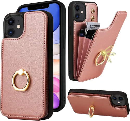 Vista 10 de Funda compatible con iPhone 11 con tarjetero y soporte para tarjetas, soporte de anillo de dedo de rotación de 360º, función atril, protección RFID