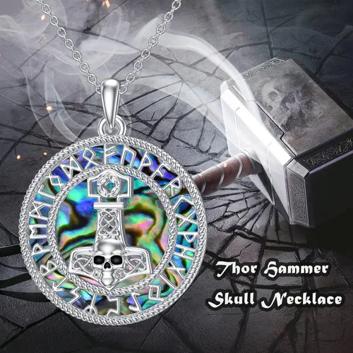 Vista 4 de PROESS Thor Hammer Necklace 925 Sterling Silver Mjolnir Necklace for Men Women Abalone Shell Viking Norse Pendant Jewelry Gifts Amulet for Women Men