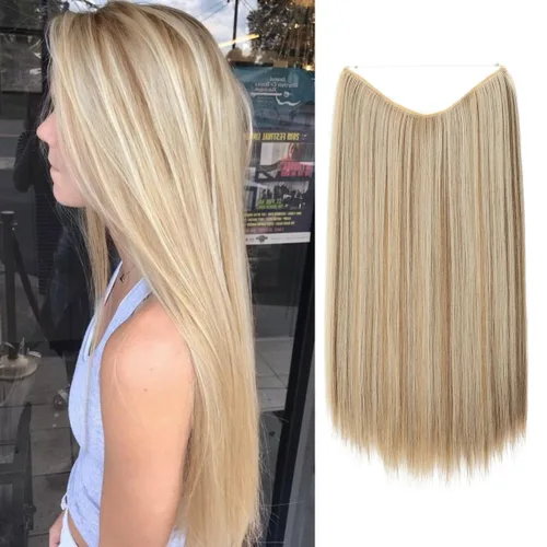 Vista 25 de SARLA Extensiones de cabello con alambre invisible de reflejos cortos rectas postizos sintéticos diadema transparente ajustable para mujeres 14