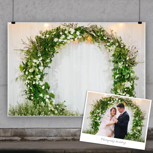Vista 2 de Fondo de flores de arco de 5 x 3 pies, guirnalda verde, guirnalda blanca, cortina romántica floral para pared, fondo de fotografía para despedida