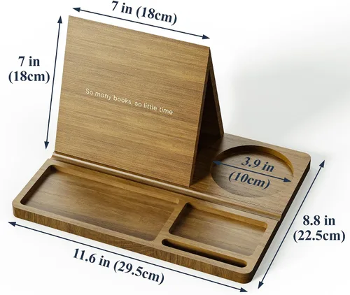 Vista 6 de NiHome Soporte de madera de bambú para libros con diseño triangular para apoyar libros en la columna vertebral, organizador multiusos con acabado