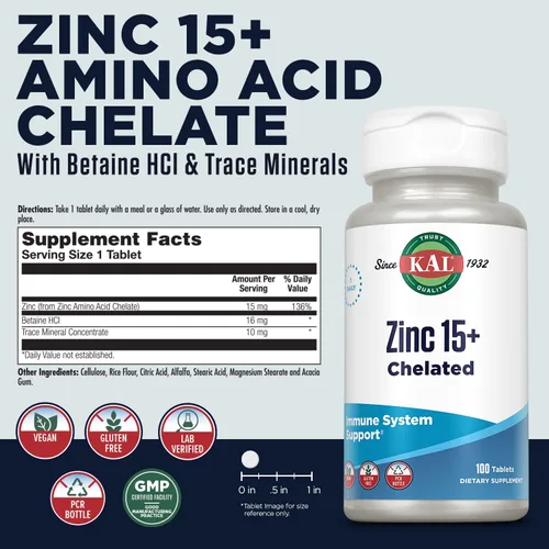 Vista 2 de KAL Zinc 15+ con betaína HCl y minerales traza, metabolismo saludable y apoyo a la función del sistema inmunológico, quelado para absorción