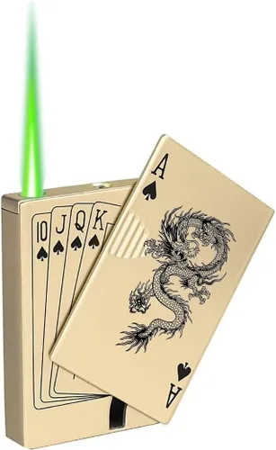 Vista 8 de Encendedor de antorcha de chorro, Ace Card Green Flame Lighter, diseño de póker de metal, resistente al viento, recargable, butano, encendedor