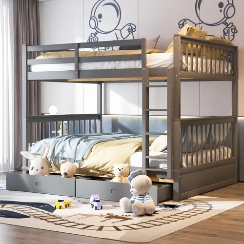 Vista 14 de Merax Litera de madera con dos cajones, litera de madera convertible con escaleras y dos cajones de almacenamiento, marco de cama desmontable