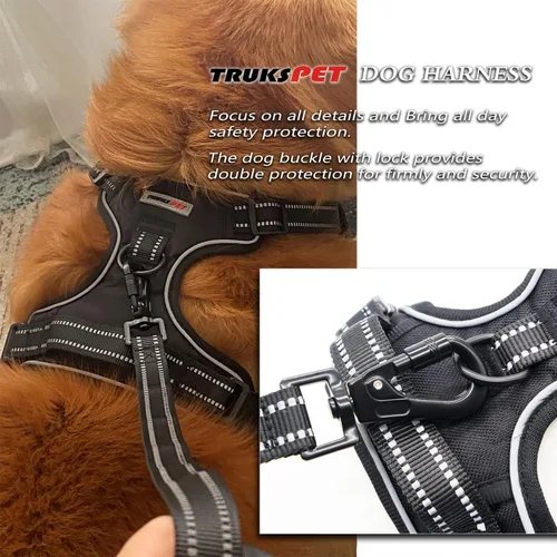 Vista 4 de Arnés para perro sin tirones con un juego de correa fuerte de 5 pies, chaleco ajustable, clip frontal reflectante resistente con mango de fácil
