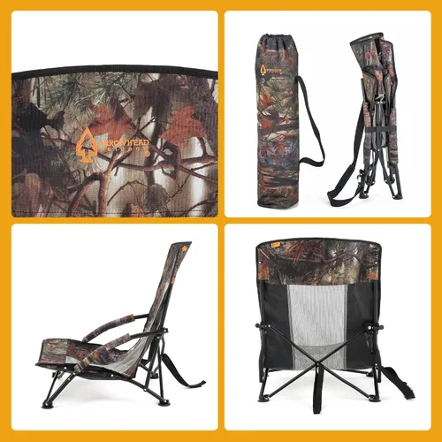 Vista 8 de ARROWHEAD OUTDOOR Silla ciega plegable portátil de caza de pavos con reposabrazos acolchado, pies sin hundimiento y correa para el hombro, Camuflaje