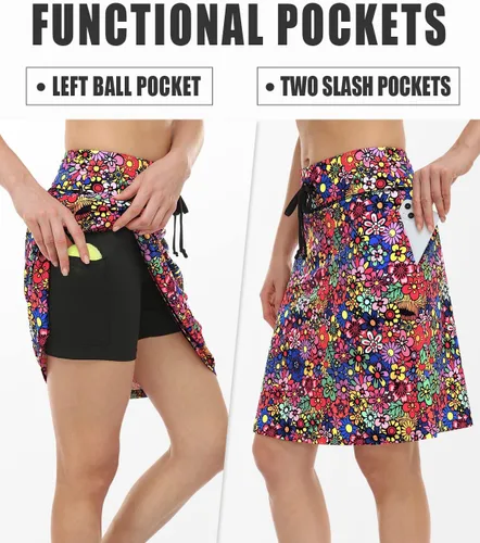 Vista 3 de BLEVONH Falda de golf para mujer de 20 pulgadas hasta la rodilla, faldas de tenis con cordón en la cintura con bolsillos