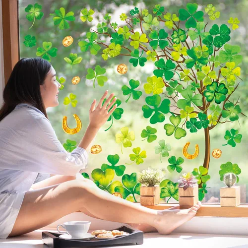 Vista 3 de Whaline 6 hojas de adhesivos para ventana del día de San Patricio - Grandes calcomanías de árbol de trébol en acuarela, decoración irlandesa doble