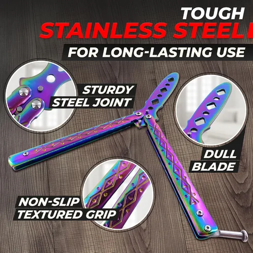 Vista 3 de Rainbow - Cuchillo de mariposa de práctica de 8.2 pulgadas con hoja embotada, cuchillo de mariposa de entrenamiento de metal con asas fuertes