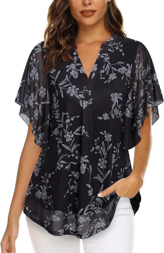 Vista 2 de Timeson Blusas de manga corta con cuello en V para mujer, camisas florales de doble capa de malla