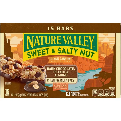 Vista 3 de Nature Valley Barras de granola de nueces dulces y saladas, chocolate oscuro y almendra, 15 barras, 18 onzas