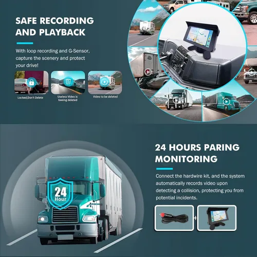 Vista 7 de VSYSTO Truck Carplay, 5 "pantalla táctil WiFi 3CH Truck Dash Cam, navegación GPS, Monitoreo de estacionamiento, Cámaras frontal e izquierda