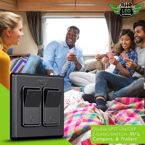 Vista 9 de Interruptor de doble SPST moderno con tapa, 12 voltios, para RV, remolque, caravana, con etiqueta adhesiva (negro)