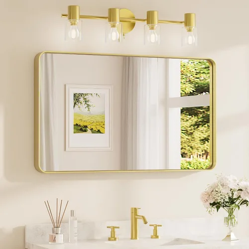 Vista 84 de Espejo de marco dorado cepillado de 16 x 24 pulgadas, espejo de tocador de baño de latón dorado para pared, espejo enmarcado rectangular de esquina