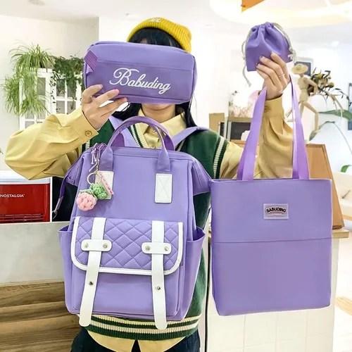 Vista 2 de CYee Juego de cuatro piezas de mochila estética con colgante Cutecore Kawaii mochila bandolera Fairycore suministros escolares, Púrpura