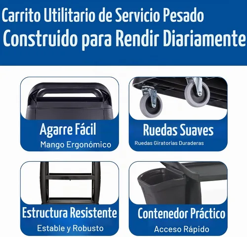 Vista 3 de Carlisle Carro de servicio de transporte y limpieza, 300 lb. de capacidad, L, Negro, 1