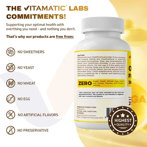 Vista 4 de Vitamatic Aceite de pescado Omega 3 de triple fuerza, 3600 mg por porción, 2160 mg de ácidos grasos Omega 3, 1296 mg de EPA + 864 mg de DHA, sabor a