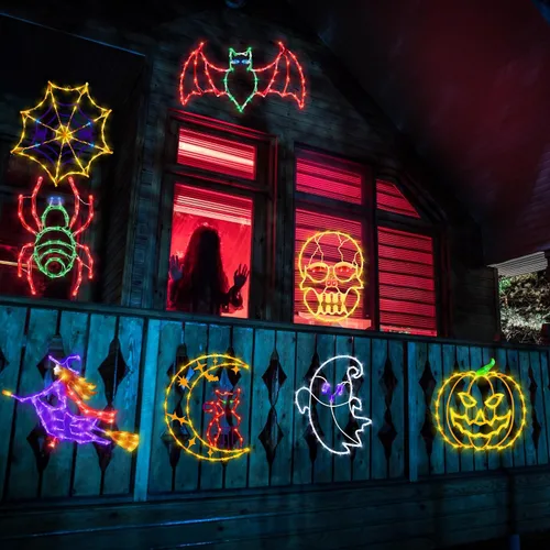 Vista 7 de Decoraciones de Luces de Siluetas para Ventana de Halloween de 16" - Paquete de 6 Colores Iluminados Gato en Luna y Fantasma y Telaraña y Calabaza