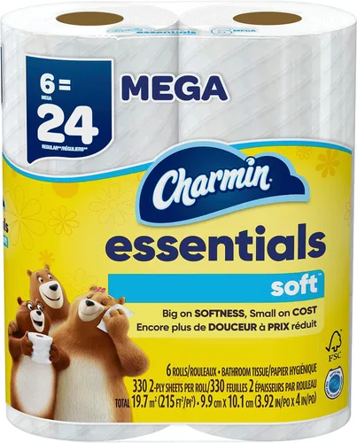 Vista 8 de Charmin Essentials - Papel higiénico suave, 6 mega rollos, 330 hojas por rollo