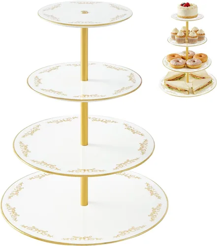 Vista 11 de DUJUST Lujo Soporte para Magdalenas de Porcelana de 3 Niveles en Forma de Torre, Bandeja de Servir de Estilo Británico con Borde Dorado, Soporte