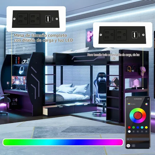 Vista 5 de Cama tipo loft en forma de L tamaño matrimonial e individual con 2 escritorios, tablero de clavijas y cajones de almacenamiento, marco de cama