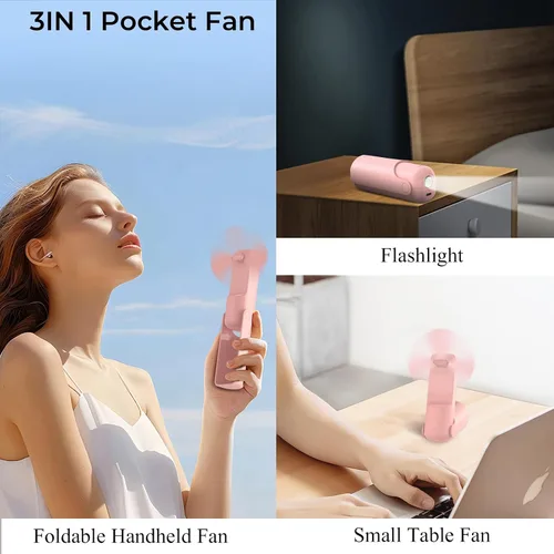 Vista 9 de Mini ventilador de mano portátil, 3 en 1, plegable, recargable, de bolsillo, de mano, linterna, ventilador de mesa, regalos de cumpleaños para Rosa