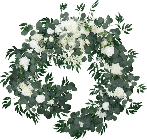 Vista 9 de Guirnalda de eucalipto artificial de 9 pies con flores, flores de arco de boda, centros de mesa de novios, decoración de mesa para cabecera, telón