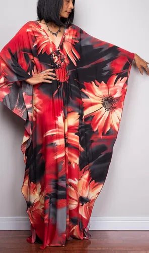 Vista 9 de Vestidos caftán para mujer con cuello ondulado, vestido de caftán, vestido de playa largo de gran