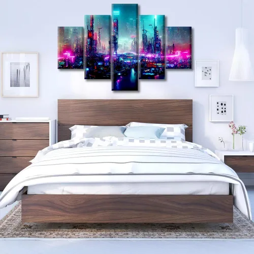 Vista 106 de Cuadros de 5 paneles de Cyberpunk City, arte de pared, representación de vallas publicitarias, edificios modernos en la capital con obras de arte