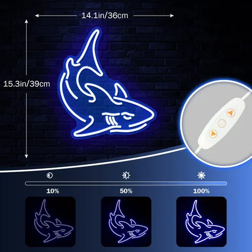 Vista 4 de Letrero de neón de tiburón, luces de neón azules para decoración de pared, letrero de neón LED de tiburón, letreros de neón regulables