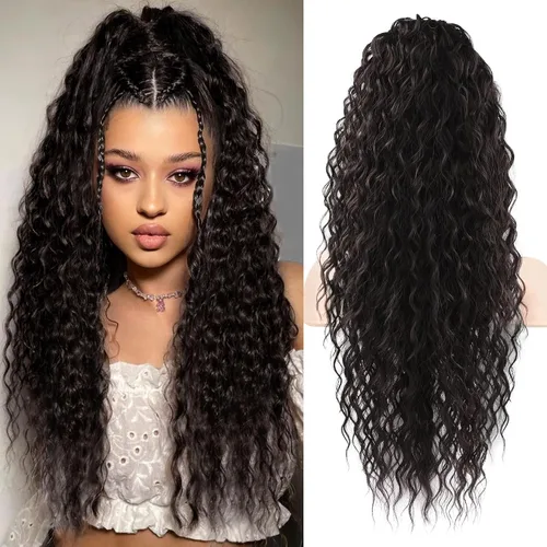Vista 23 de Flufymooz Extensión de cola de caballo, 22 pulgadas, estilo bohemio, con cordón, extensiones de cabello para mujer, cola de caballo larga, rizada