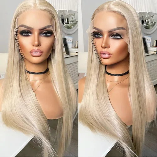 Vista 2 de Peluca con encaje frontal rubia ceniza, de 22 pulgadas de largo cabello sintético lacio, línea capilar prerasgueada, fácil de instalar, ligera