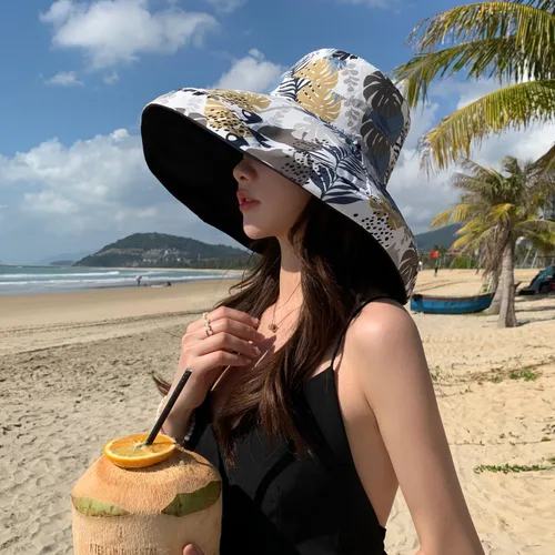 Vista 5 de Sombrero de sol de ala súper ancha para mujer, de algodón, plegable, reversible, con borde con cable, protección UV, verano, playa, viajes, jardín